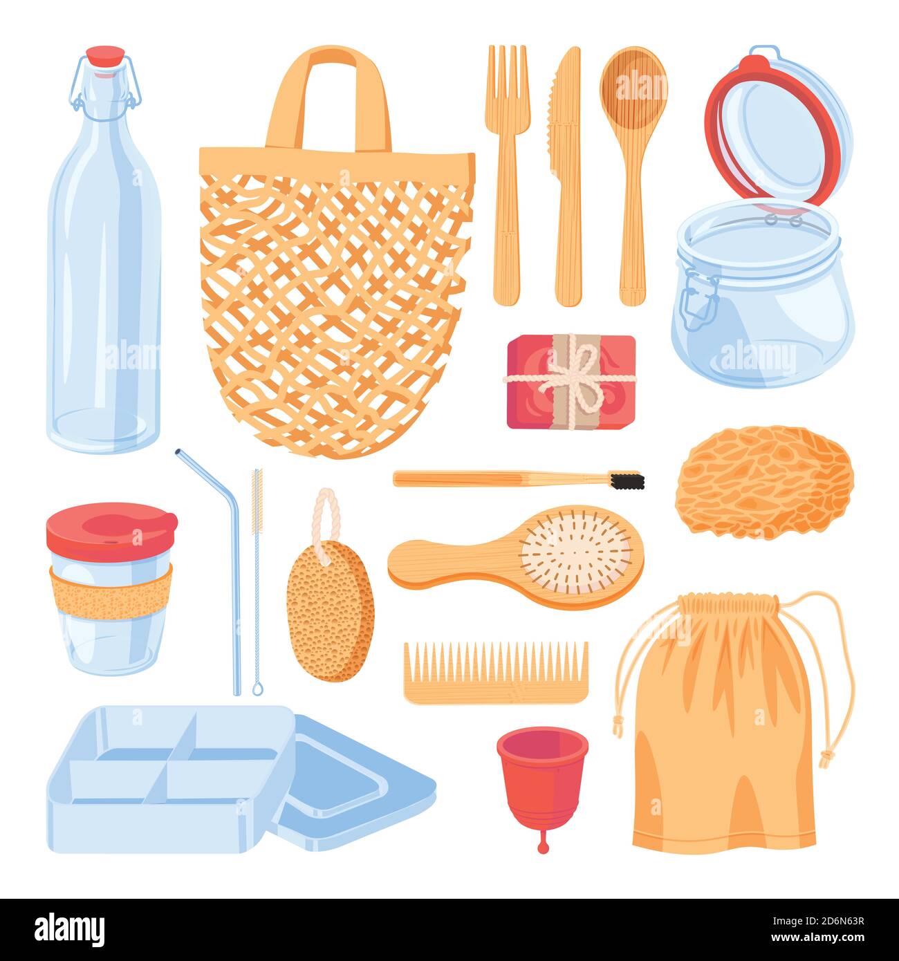 Stile di vita senza sprechi, insieme di elementi di progettazione vettoriali, isolati su sfondo bianco. Oggetti riutilizzabili naturali e accessori cartoni animati piatti icone. Disegnato a mano Illustrazione Vettoriale