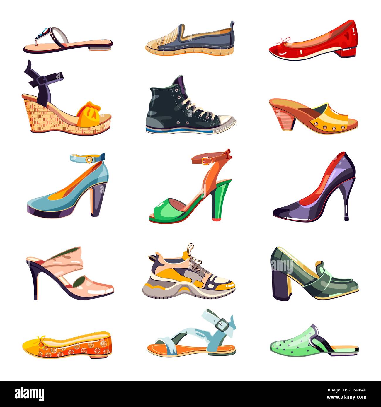 Moda femminile eleganti scarpe icone e set di elementi di design. Illustrazione di cartoni animati vettoriali. Collezione di calzature alla moda estate, autunno e primavera, isola Illustrazione Vettoriale