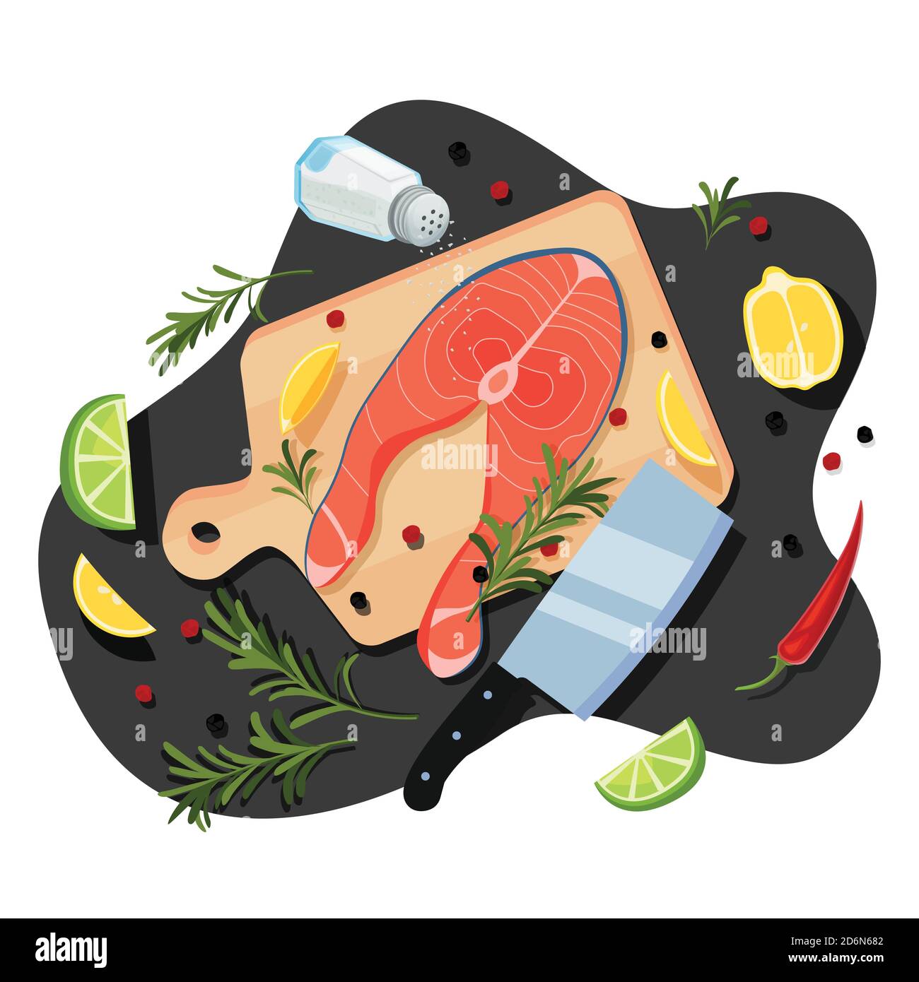 Cottura bistecca di salmone, cartoni animati vettoriali vista dall'alto. Sfondo nero della tavola da cucina con pesce di mare crudo su tagliere di legno, spezie e inculo Illustrazione Vettoriale