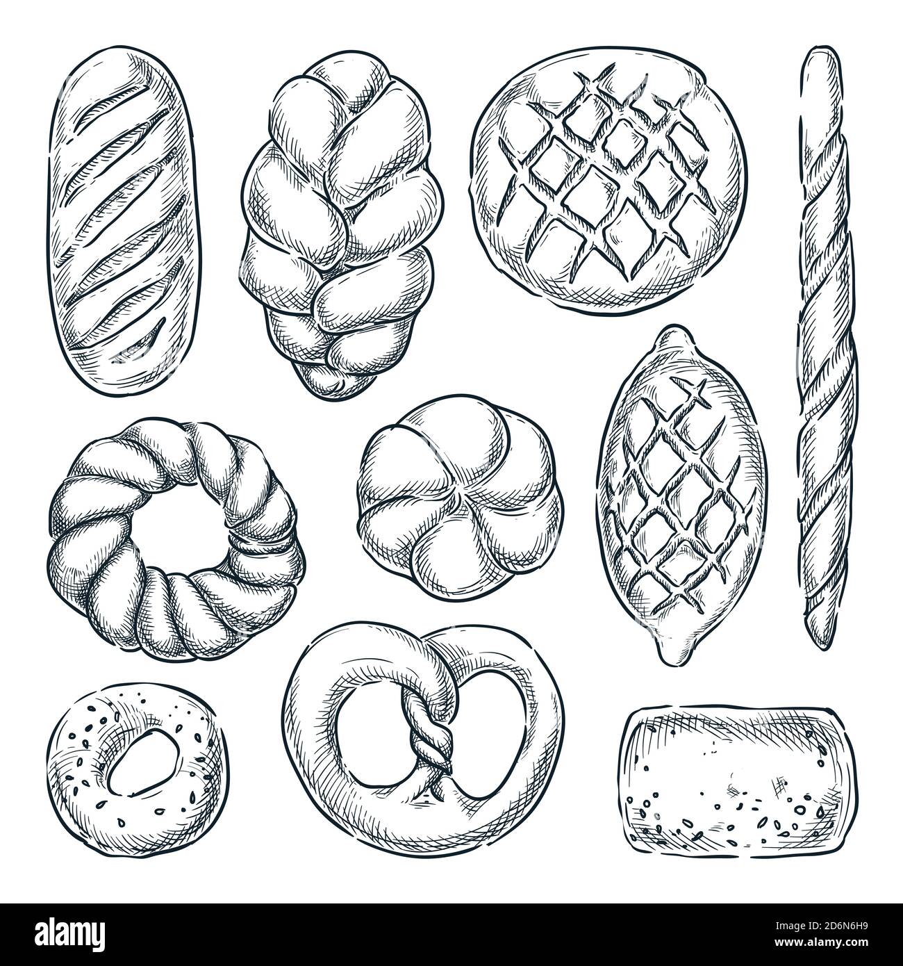 Set di pane a grani freschi, isolato su sfondo bianco. Illustrazione dello schizzo disegnata a mano dal vettore. Grappoli di segale e di frumento, pane, bagel e baguette. Panificio Illustrazione Vettoriale