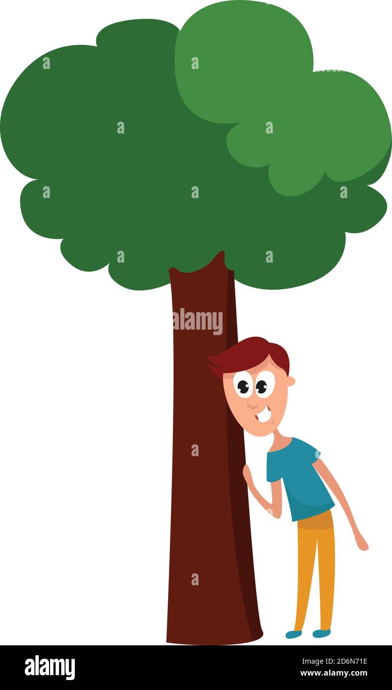 Nascondendosi dietro albero, illustrazione, vettore su sfondo bianco Illustrazione Vettoriale