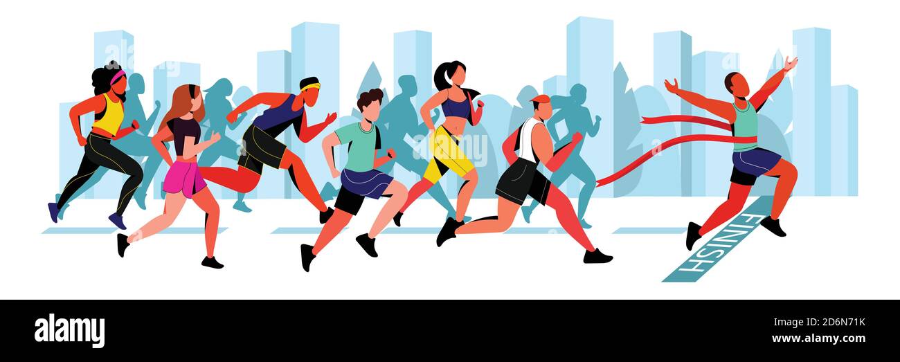 Giovane ragazzo vince nella maratona della città. Illustrazione orizzontale del fumetto piatto vettoriale. Uomo vincitore con nastro rosso sul traguardo. Sport all'aperto e lif sano Illustrazione Vettoriale