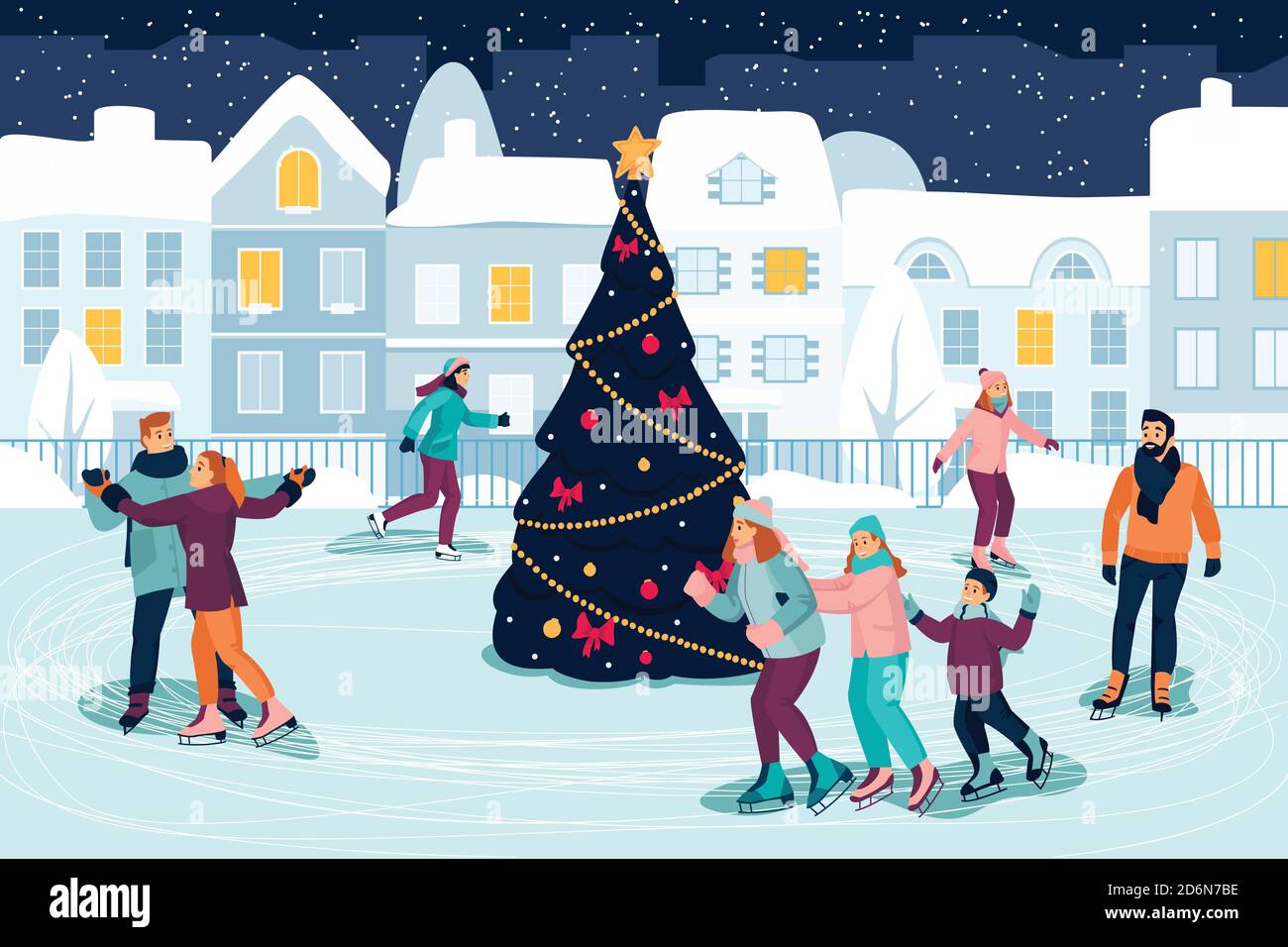 Felici i giovani che pattinano sulla pista di ghiaccio intorno all'albero di Natale decorato. Illustrazione di un cartone piatto vettoriale. Vacanze di nuovi anni ed eventi familiari all'aperto Illustrazione Vettoriale