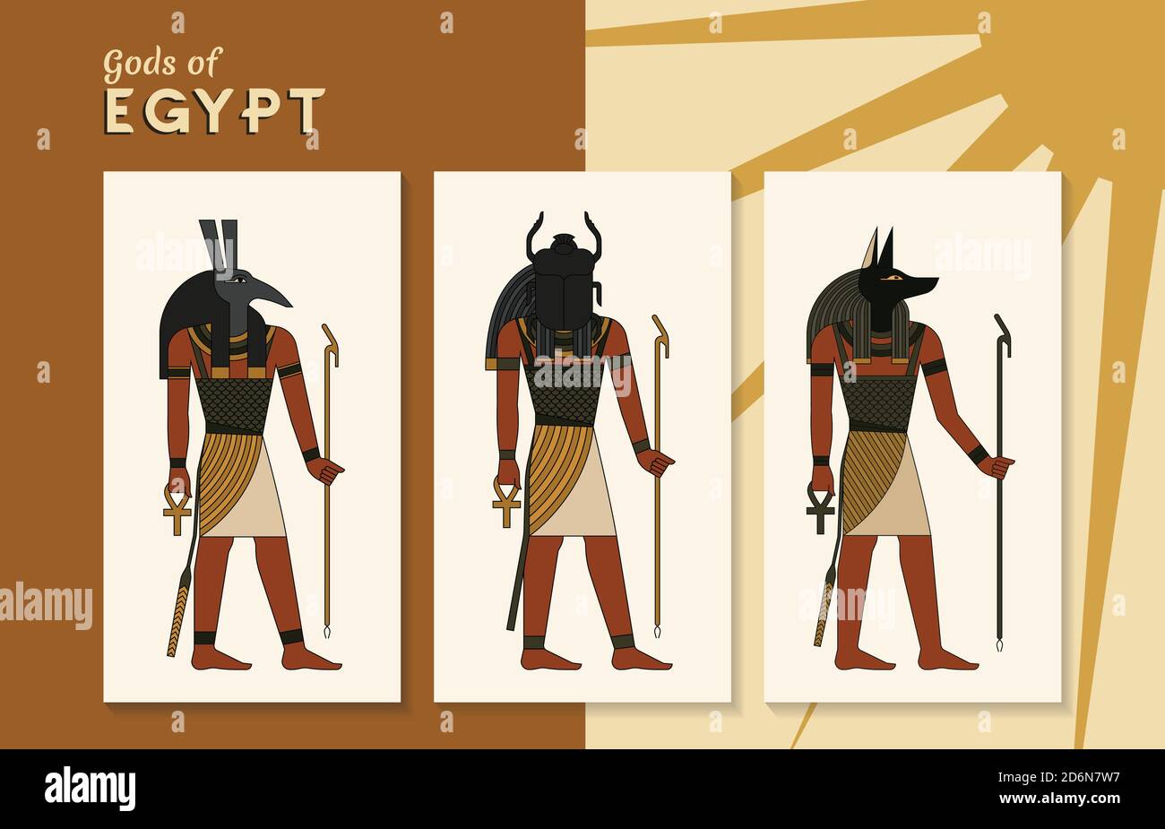 Una collezione di illustrazioni vettoriali degli antichi dèi egizi Thoth, Khepri e Anubis della caviglia. Illustrazione Vettoriale