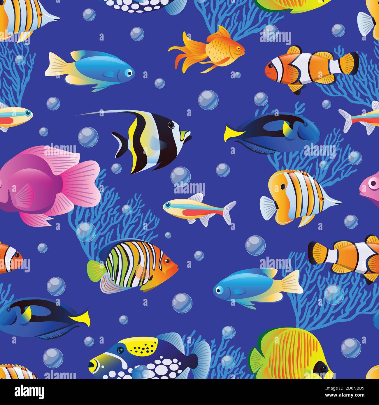 Coloratissima collezione di pesci di mare su sfondo blu d'acqua. Modello senza giunture vettoriale. Cartoon acquario bambini disegno di stampa tessile. Lif. Marino tropicale Illustrazione Vettoriale