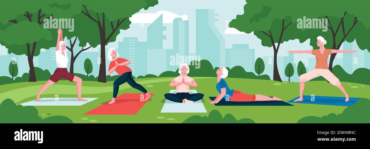 Donne anziane che praticano lo yoga e la meditazione nel verde del parco cittadino. Illustrazione di un cartone piatto vettoriale. Concetto di uno stile di vita attivo e sano del female anziano Illustrazione Vettoriale