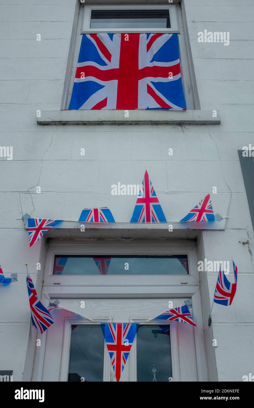 8 maggio 2020, Durham. Decorazione Union Jack come parte del VE Day 2020, celebrazioni durante il blocco COVID-19. Foto Stock