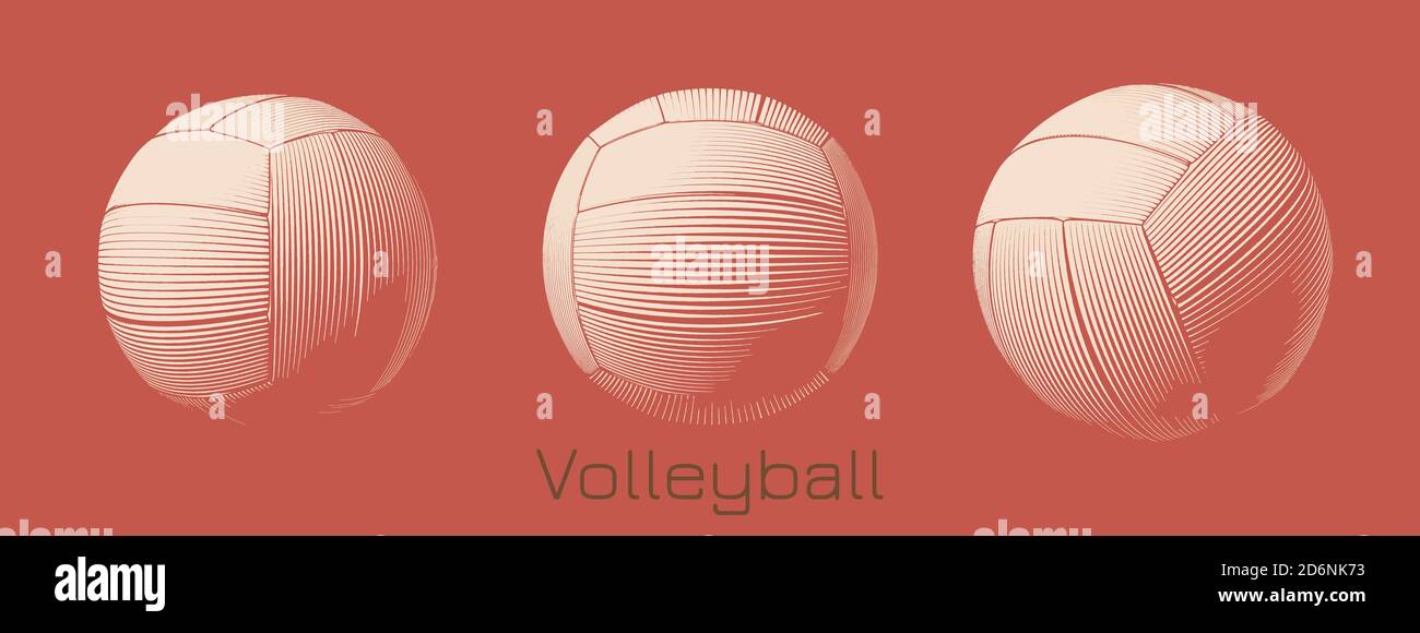 Incisione di disegni da pallavolo in tre punti di vista isolati sfondo rosso arancione scuro Foto Stock