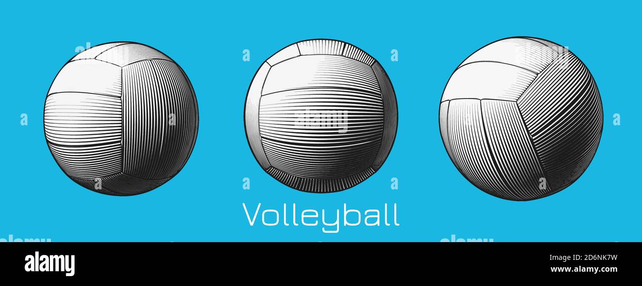 Incisione di disegno volley monocromatico in tre punti di vista isolati su sfondo blu Foto Stock