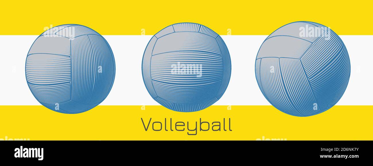 Incisione di disegno volley monocromatico in tre punti di vista isolati su sfondo giallo Foto Stock