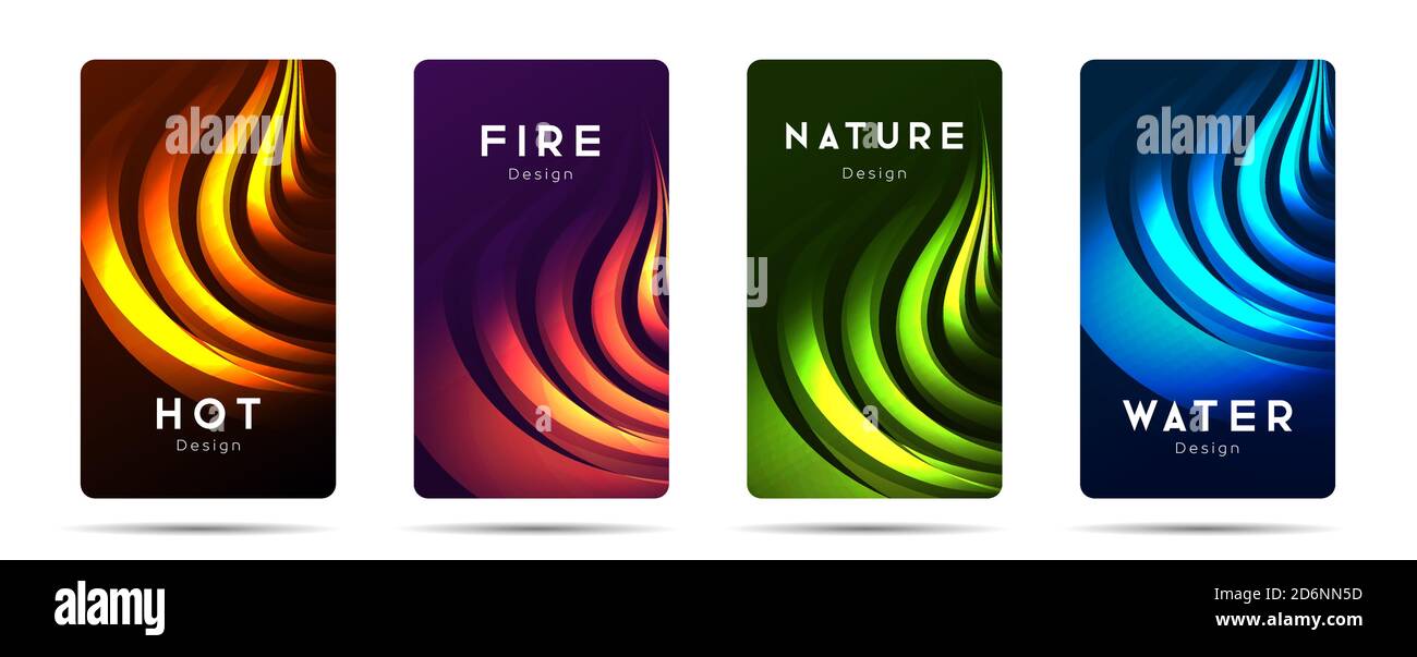 Set di volantini o poster banner con quattro elementi 3d, fuoco, acqua e natura, copertina Illustrazione Vettoriale