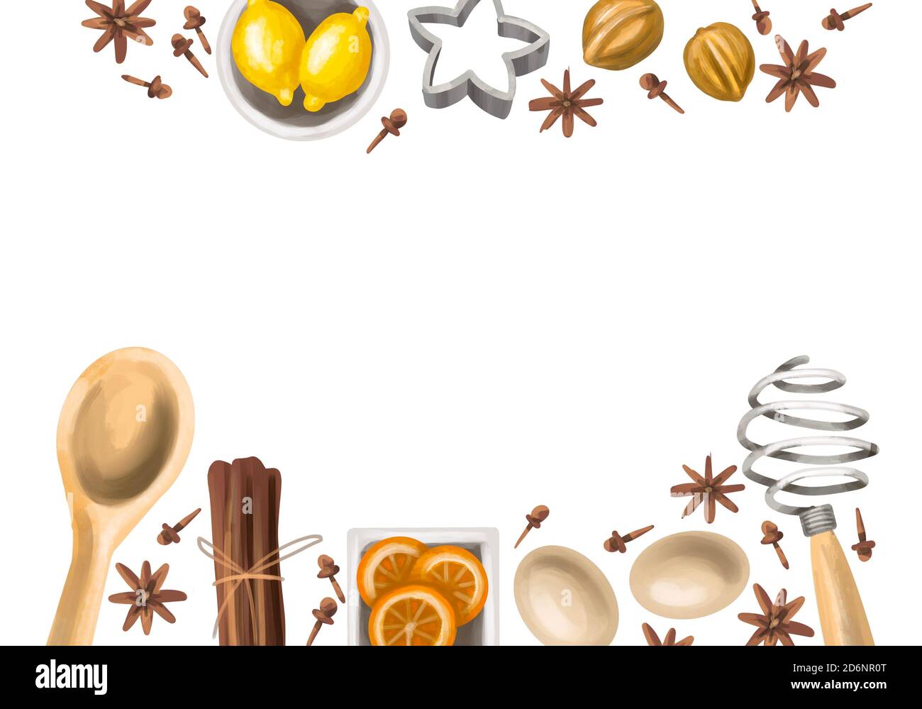 Cena di Natale o del Ringraziamento. Su fondo bianco: Uova, noci, fette d'arancia, cannella, limoni, garofano, anice e tappezzeria da forno. Foto Stock