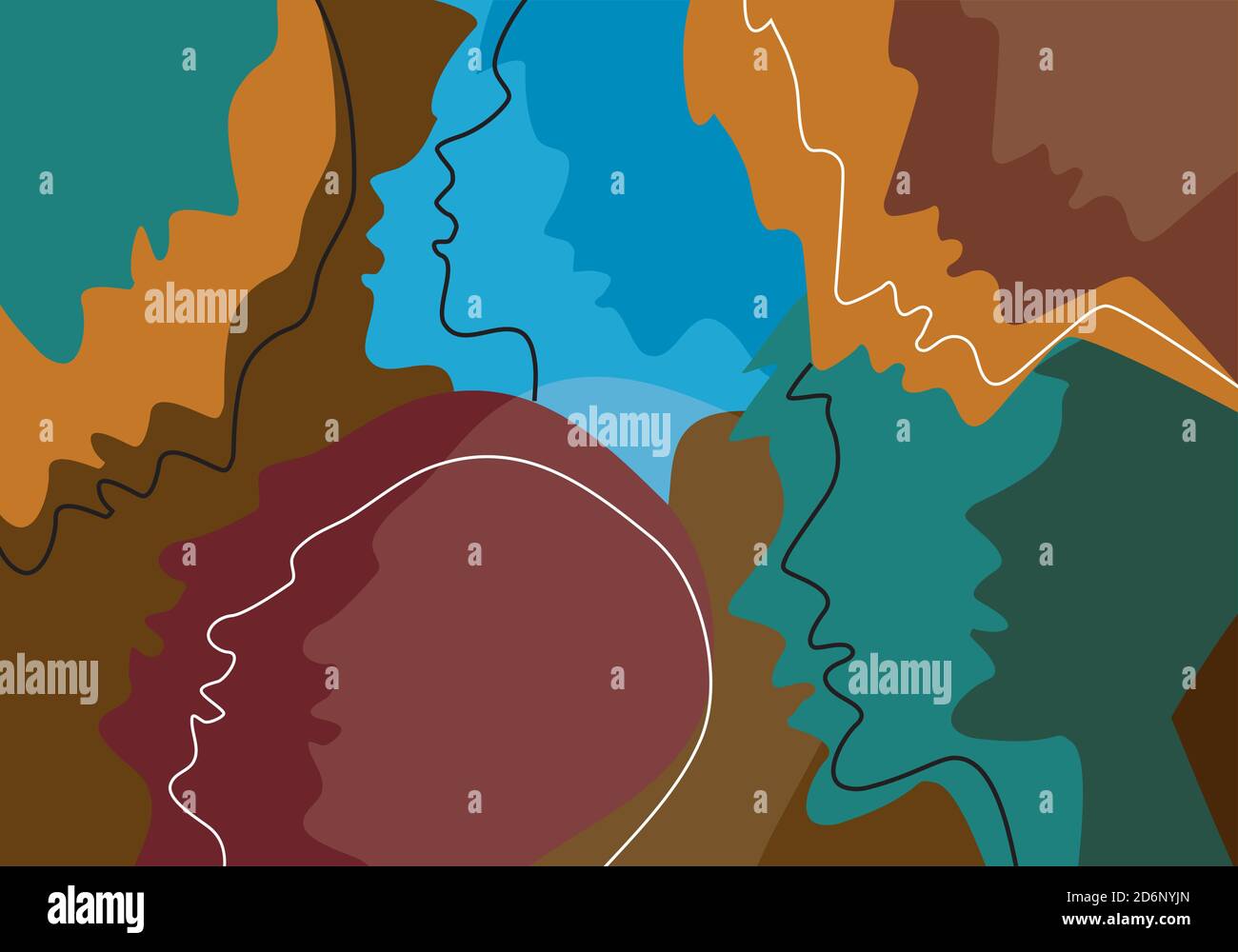 Teste umane sfondo colorato, emozione, concetto di psicologia. Illustrazione stilizzata dei diversi profili delle persone che simboleggiano le emozioni umane. Illustrazione Vettoriale