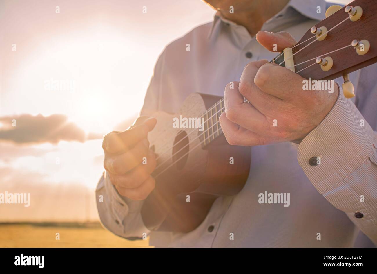 uomo che gioca ukulele in campagna al tramonto Foto Stock