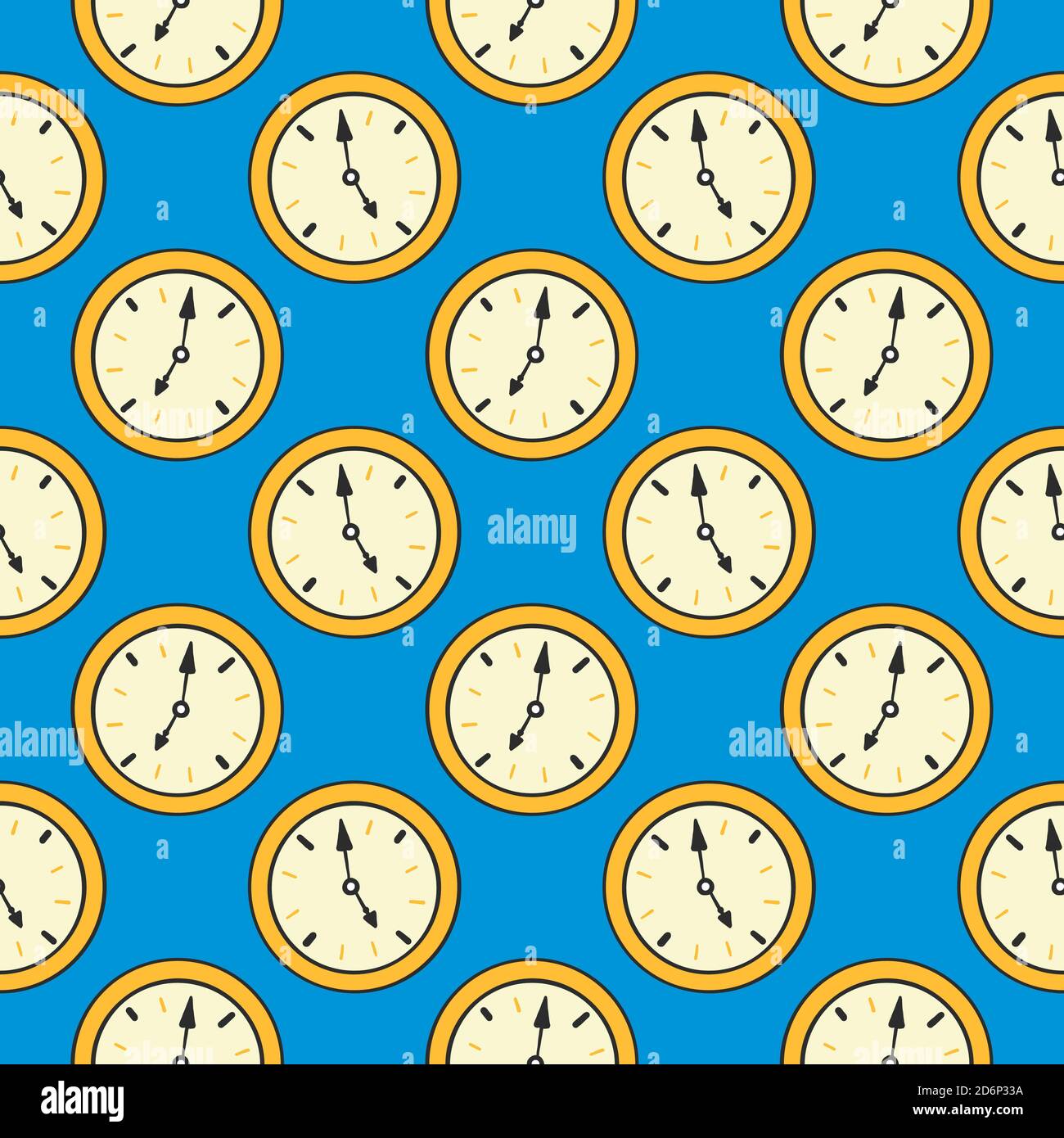 Orologio giallo, motivo senza cuciture su sfondo blu. Illustrazione Vettoriale