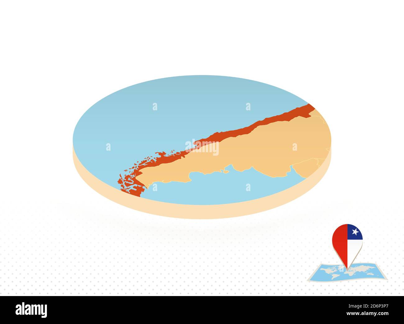 Mappa del Cile progettata in stile isometrico, mappa circolare arancione del Cile per il web, infografica e altro ancora. Illustrazione Vettoriale