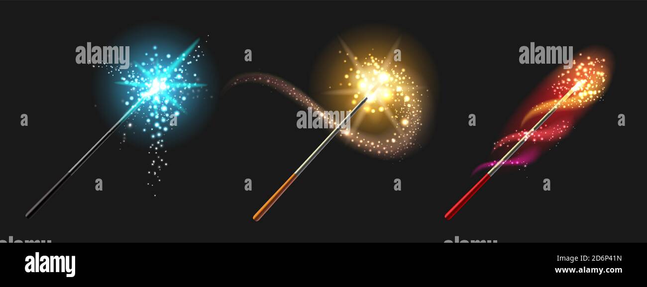 Set di bacchetta magica disegnata in stile realistico. Illuistrazione vettoriale. Illustrazione Vettoriale