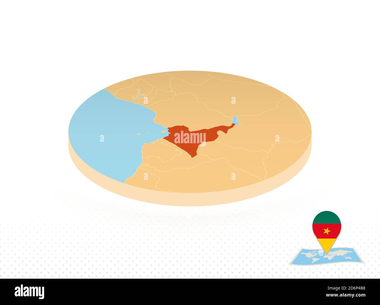 Mappa del Camerun disegnata in stile isometrico, mappa circolare arancione del Camerun per il web, infografica e altro ancora. Illustrazione Vettoriale