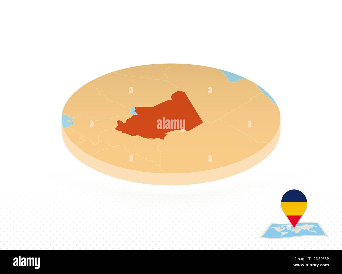 Mappa Ciad progettata in stile isometrico, mappa circolare arancione del Ciad per il web, infografica e altro ancora. Illustrazione Vettoriale