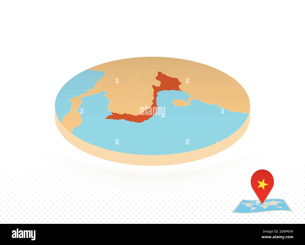 Mappa del Vietnam disegnata in stile isometrico, mappa circolare arancione del Vietnam per il web, infografica e altro ancora. Illustrazione Vettoriale