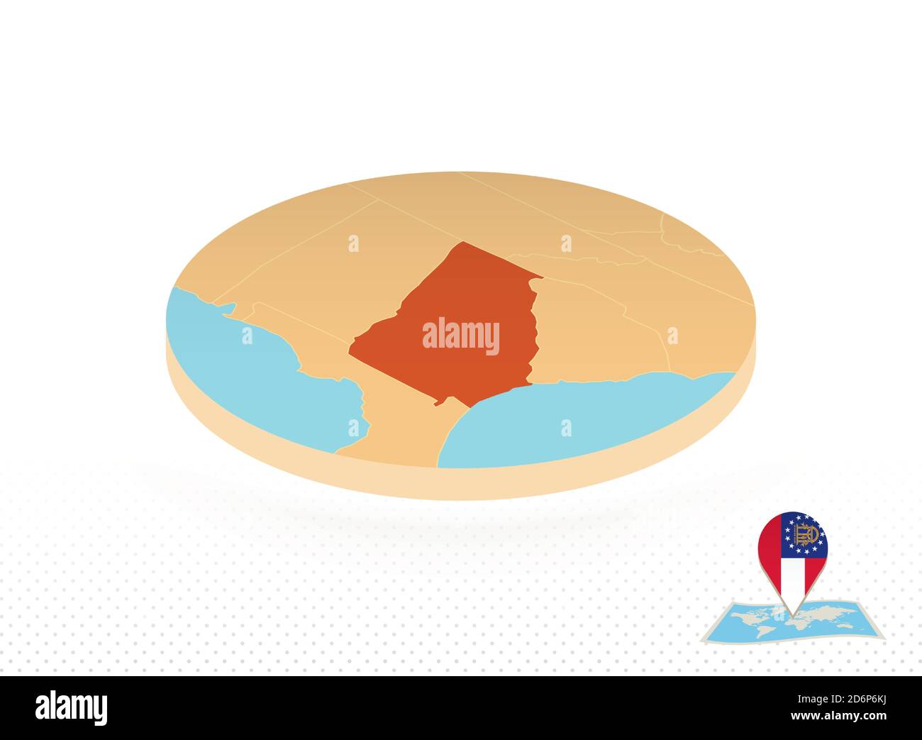 Mappa dello stato della Georgia progettata in stile isometrico, mappa circolare arancione dello stato degli Stati Uniti Alabama per il web, infografica e altro ancora. Illustrazione Vettoriale