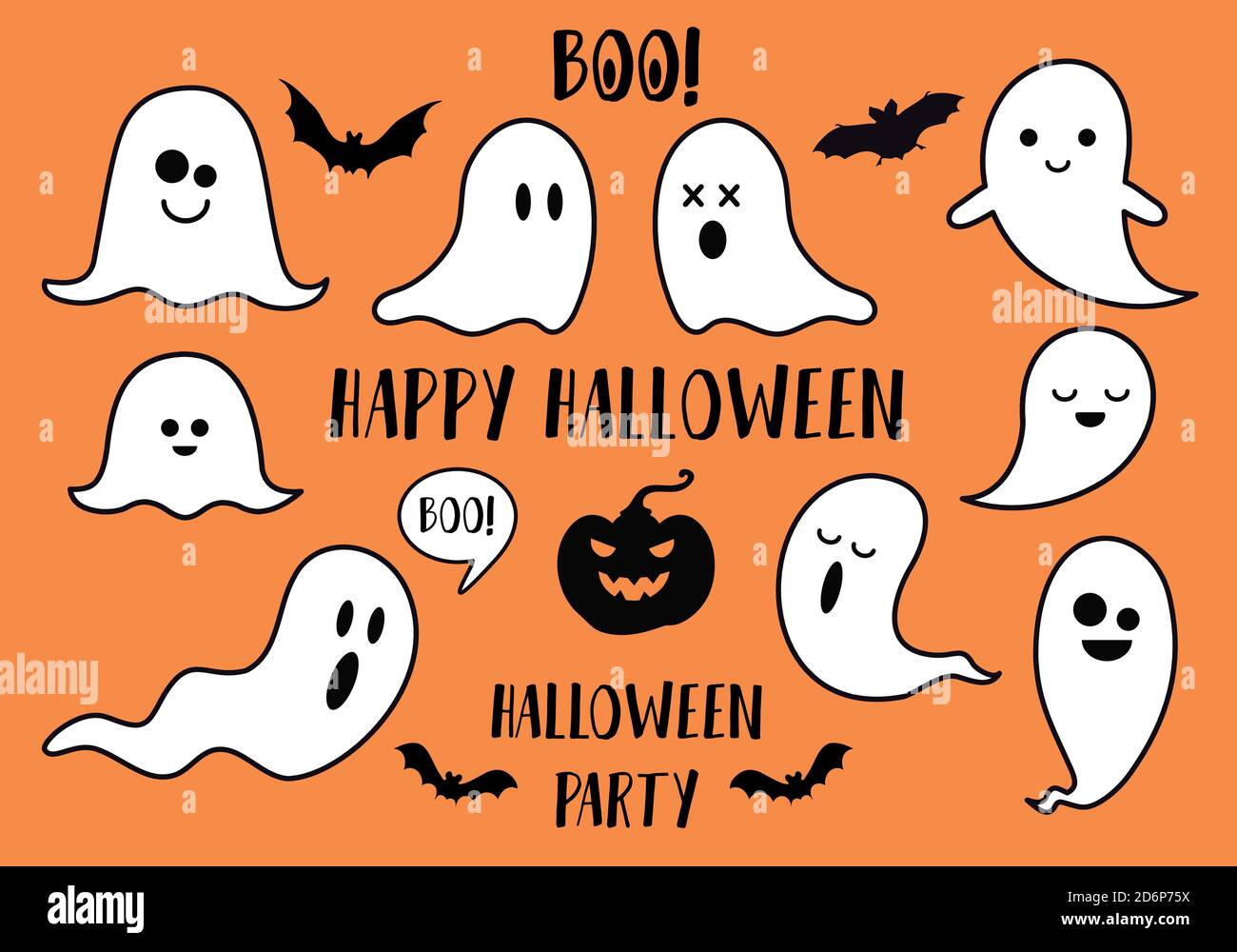 Halloween fantasmi, pipistrelli e zucca, insieme di elementi vettoriali di design Illustrazione Vettoriale