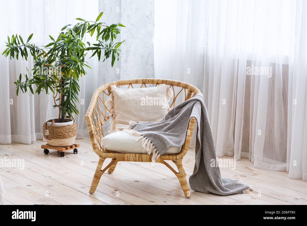 Interno di casa accogliente e moderna. Poltrona con coperta su pavimento in legno, pianta in vaso Foto Stock