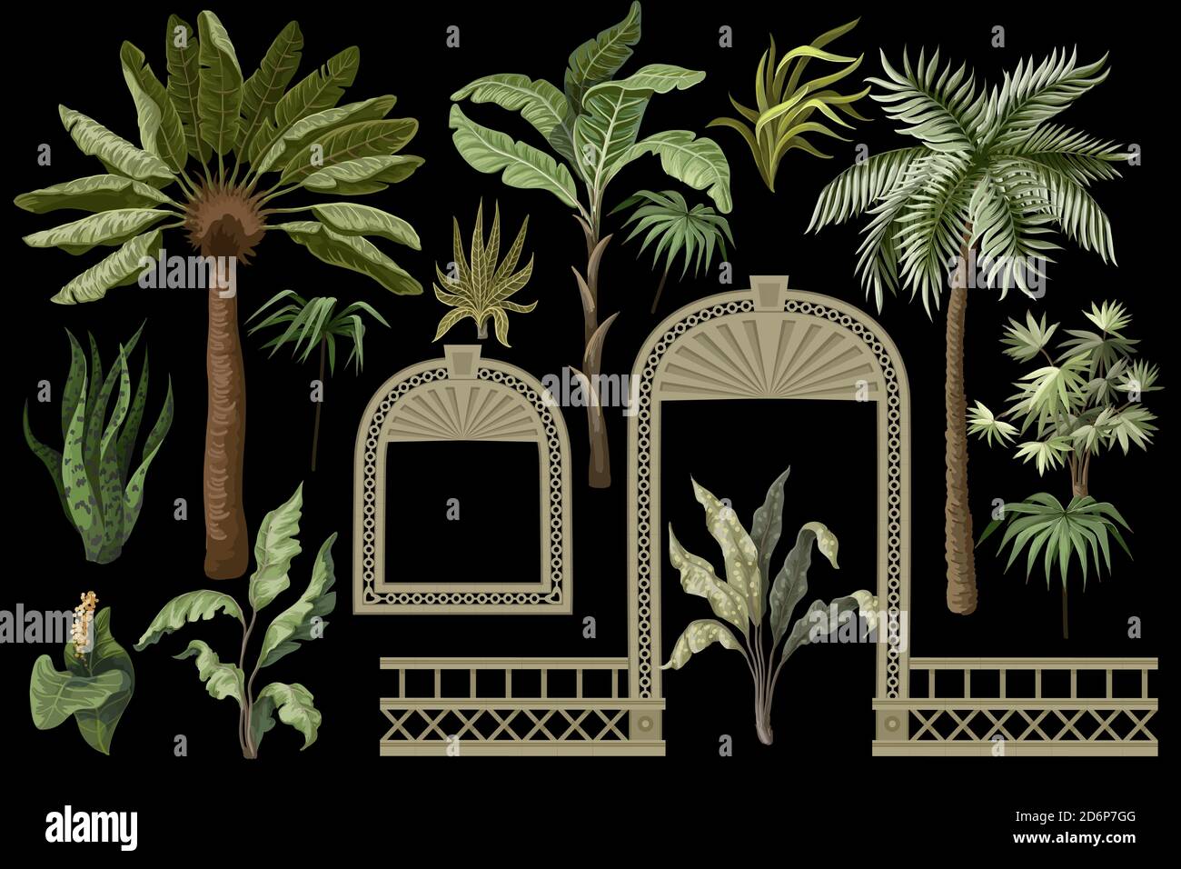 Alberi tropicali e finestre, porte aperte in stile giardino. Elementi interni alla moda isolati. Illustrazione Vettoriale