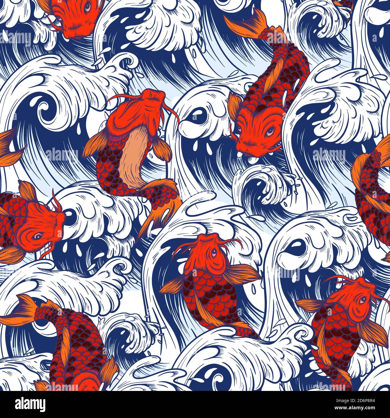 Modello senza cuciture con pesci koi. Stampa giapponese vintage Illustrazione Vettoriale