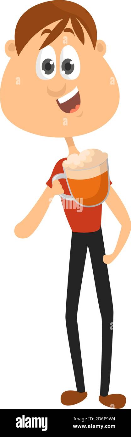 Ragazzo divertente bere birra, illustrazione, vettore su sfondo bianco. Illustrazione Vettoriale