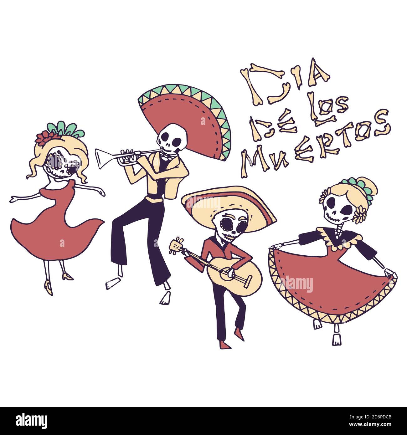 Banda navale messicana su sfondo bianco isolato. Giorno del simbolo morto per invito o carta regalo, taccuino, tegola da bagno, album Telefono case o Clo Illustrazione Vettoriale