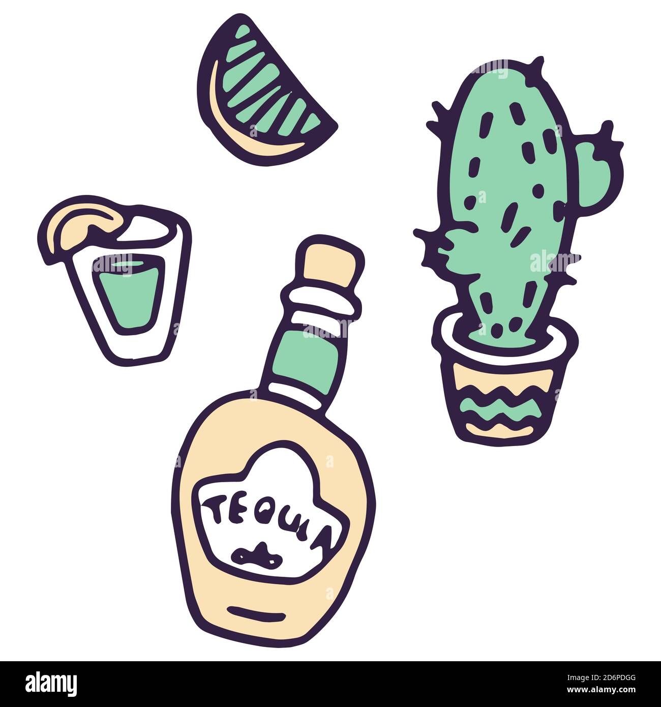 Colpo di tequila e cactus su sfondo bianco isolato. Giorno del simbolo morto per invito o carta regalo, taccuino, tegola da bagno, album Telefono caso o c Illustrazione Vettoriale