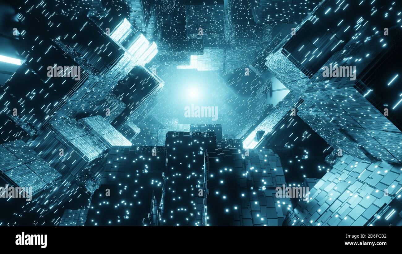 Astratto creativo fantascienza edificio. Background tecnologico futuristico. Immagine di rendering 3D Foto Stock