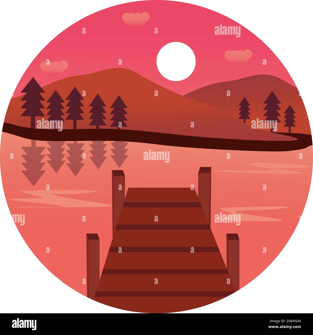 Lago tramonto, illustrazione, vettore su sfondo bianco. Illustrazione Vettoriale