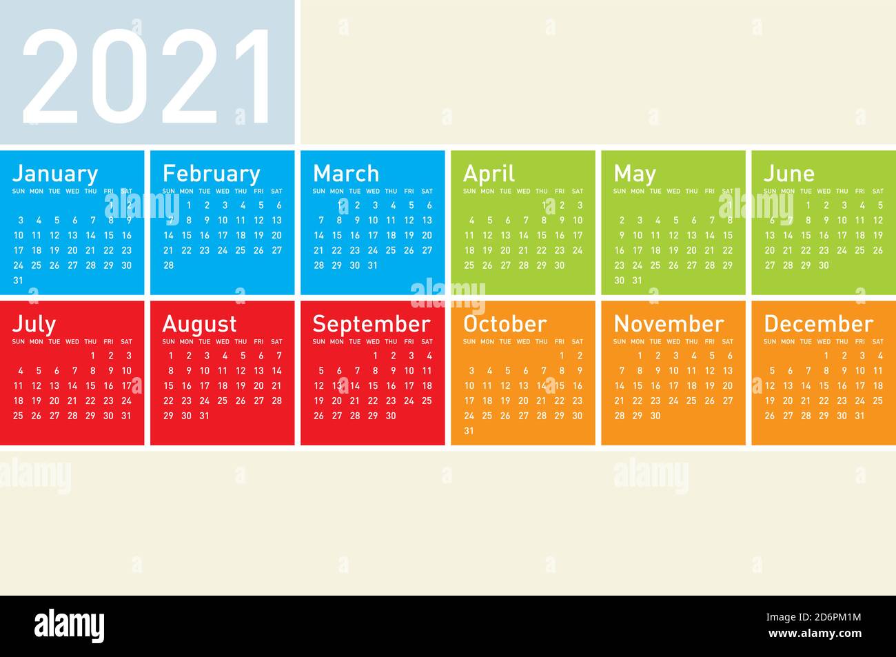 Calendario colorato per l'anno 2021, in formato vettoriale. Illustrazione Vettoriale
