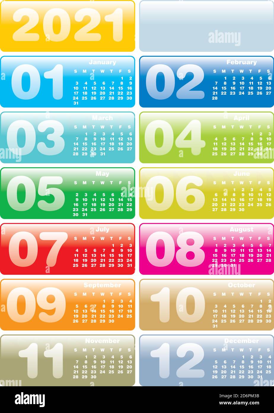 Calendario colorato per l'anno 2021, in formato vettoriale. Illustrazione Vettoriale