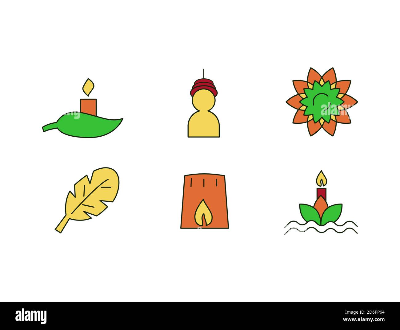 Loi krathong Festival icona Set di candela su foglia, tradizionale indossare, fiore, foglia, barca a foglia su acqua con candela Illustrazione Vettoriale