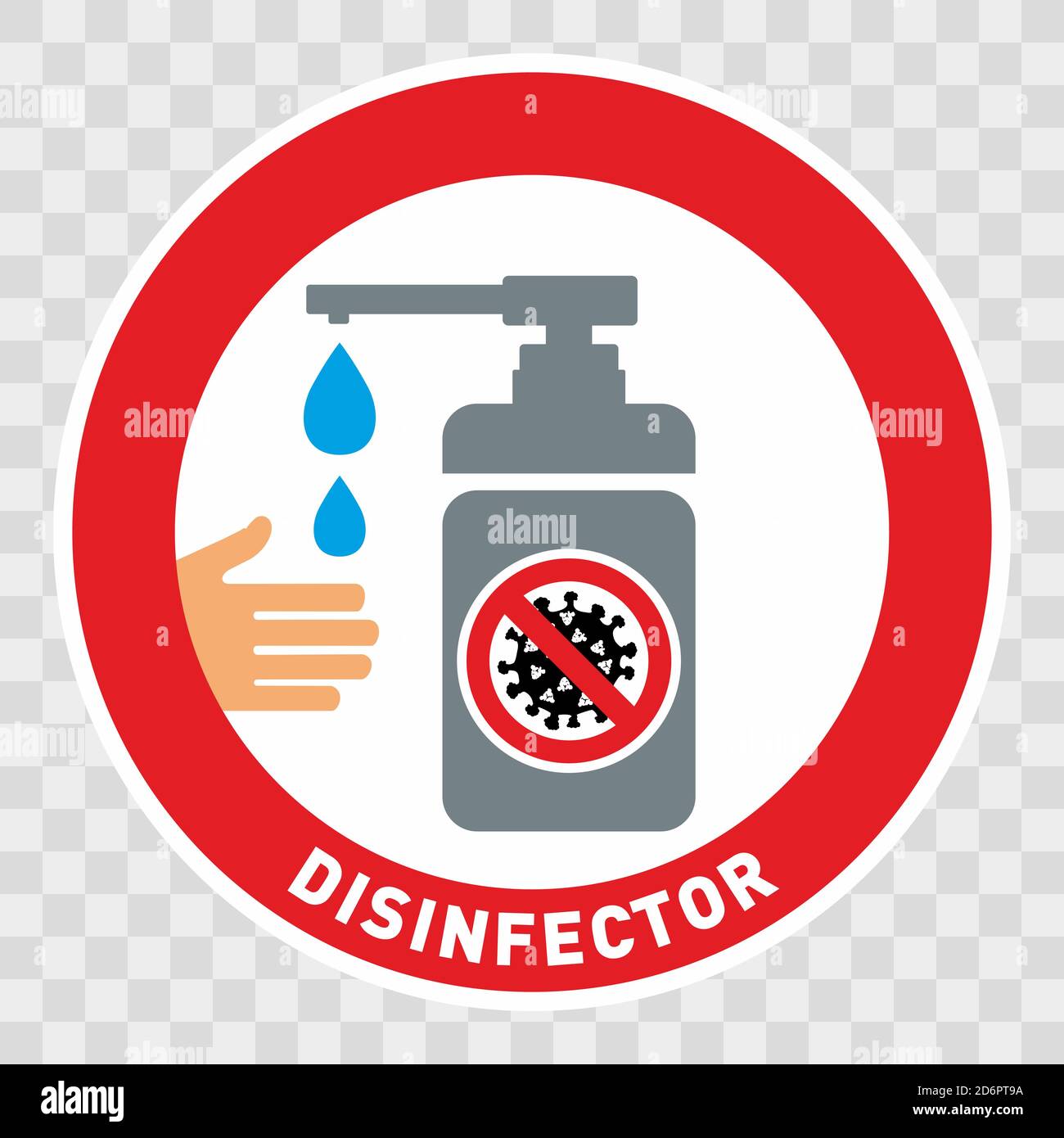 Disinfettante per segnali di avvertenza e quarantena. Lockdown Pandemic stop Coronavirus focolaio covid-19 2019-nCoV. Illustrazione Vettoriale