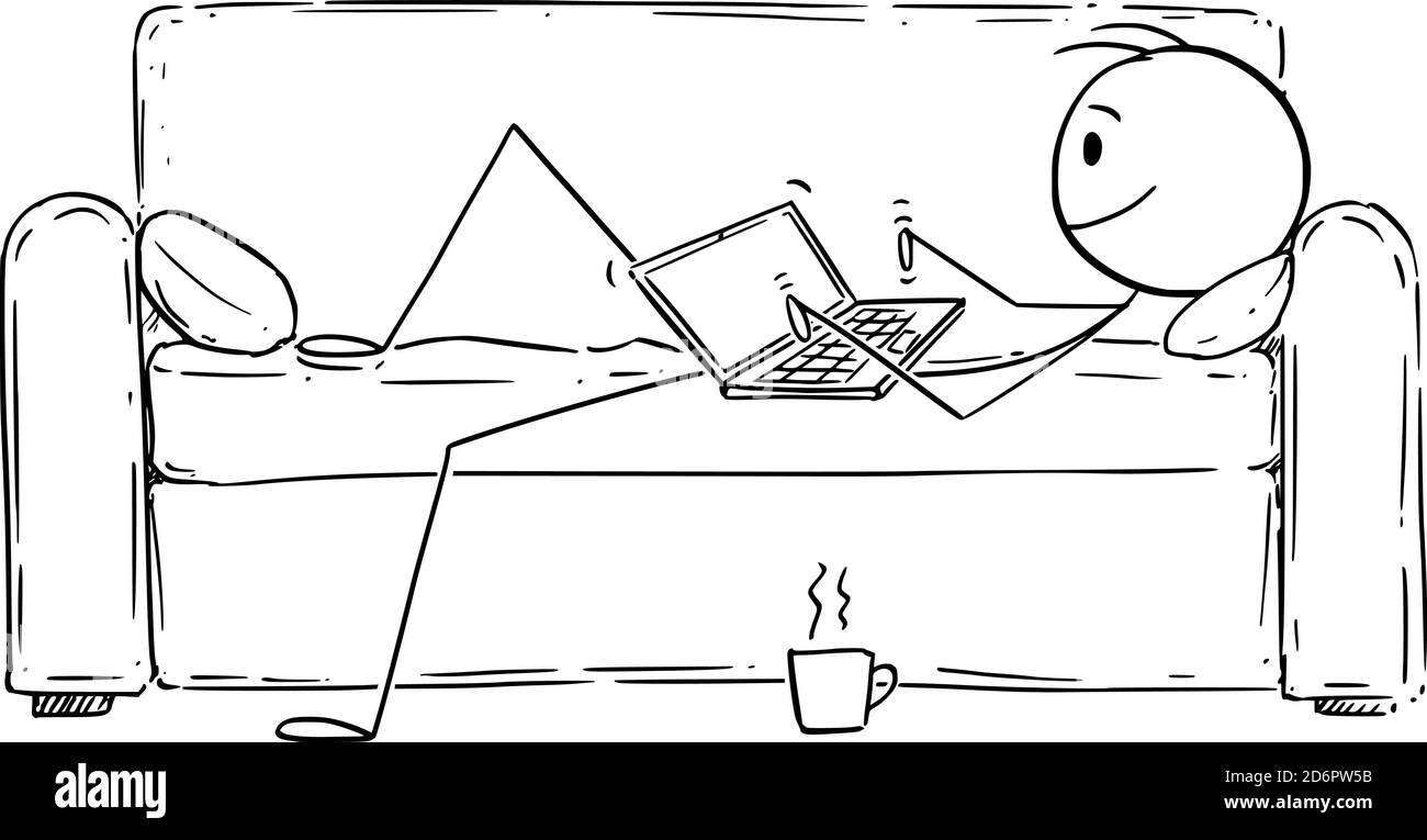 Figura del cartoon vettoriale illustrazione dell'uomo o dell'uomo d'affari che si trova sul divano o sul divano e che scrive o lavora sul computer. Sede, lavorando da casa in coronavirus covid-19 pandemia. Illustrazione Vettoriale