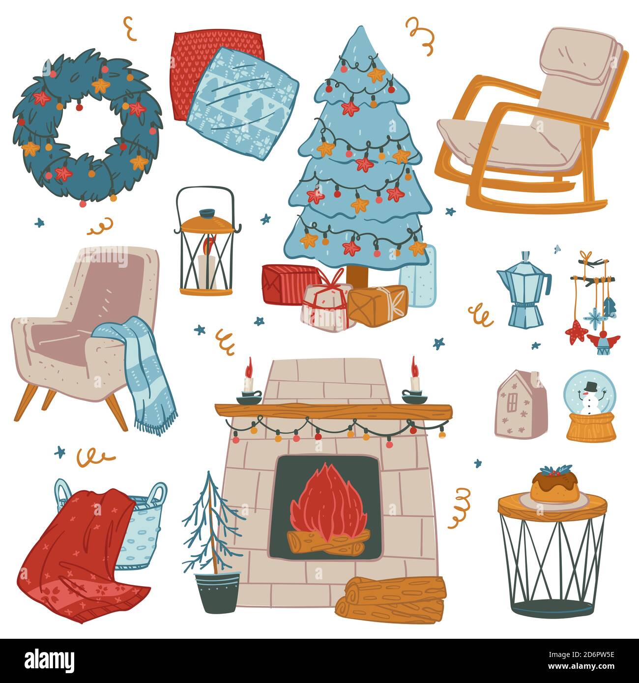 Decorazioni natalizie per la celebrazione delle vacanze invernali natalizie a casa Illustrazione Vettoriale