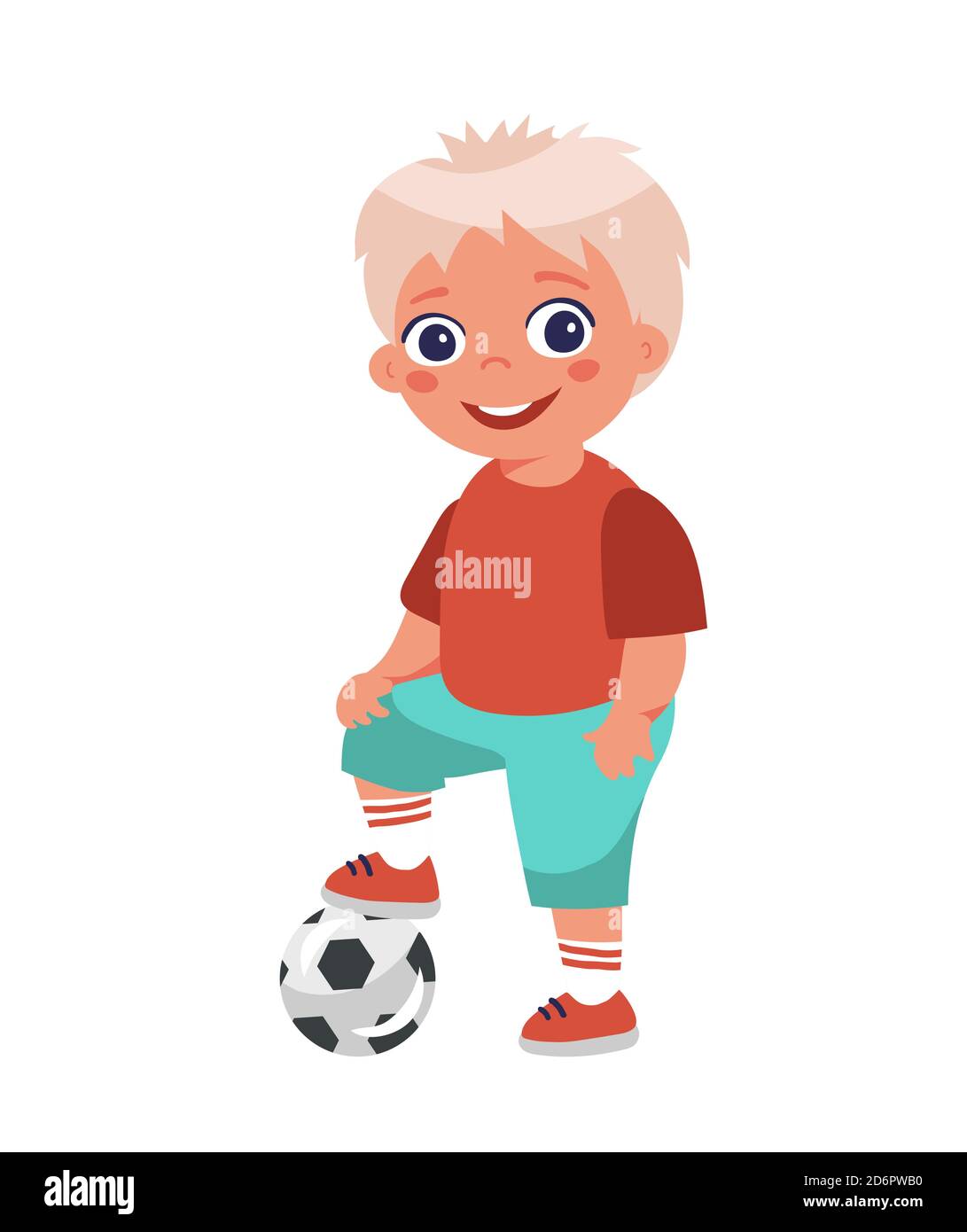 Ragazzo giocatore di calcio in posa mettere il piede sulla palla. Personaggio cartoon isolato su sfondo bianco. Giovane giocatore di calcio in shorts. Design piatto Illustrazione Vettoriale