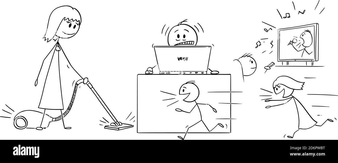 Vettore cartoon figura bastone illustrazione di frustrato o stressato uomo o uomo d'affari. Cercando di lavorare in ufficio a casa con i bambini intorno durante la quarantena pandemica di Coronavirus covid-19. Illustrazione Vettoriale