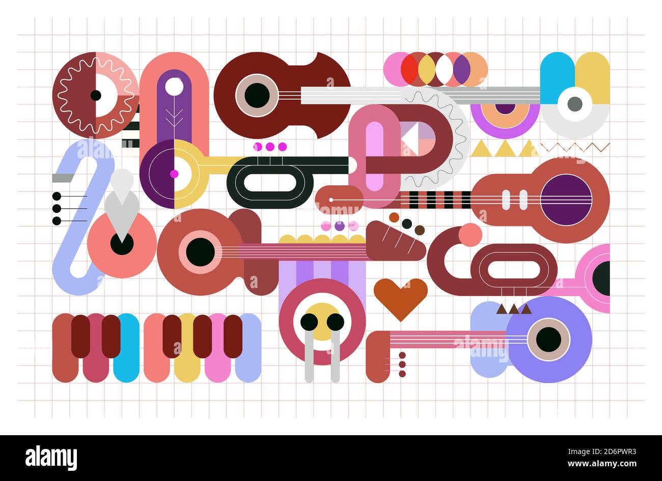 Illustrazione grafica in stile geometrico di diversi strumenti musicali su una griglia. Design colorato con chitarre, trombe, sax, pianoforte e batteria. Riassunto Foto Stock