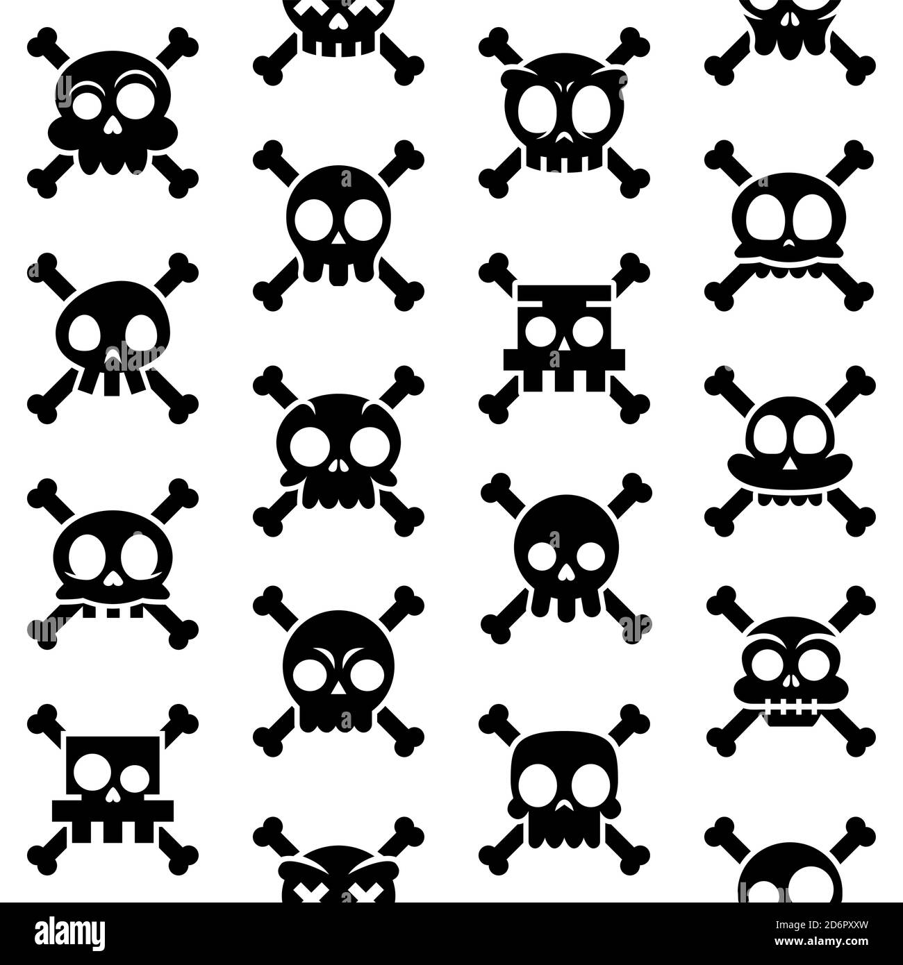 Cranio cartoon di Halloween con disegno vettoriale senza giunture, carino messicano teschi zucchero, dia de los Muertos in nero su sfondo bianco Illustrazione Vettoriale