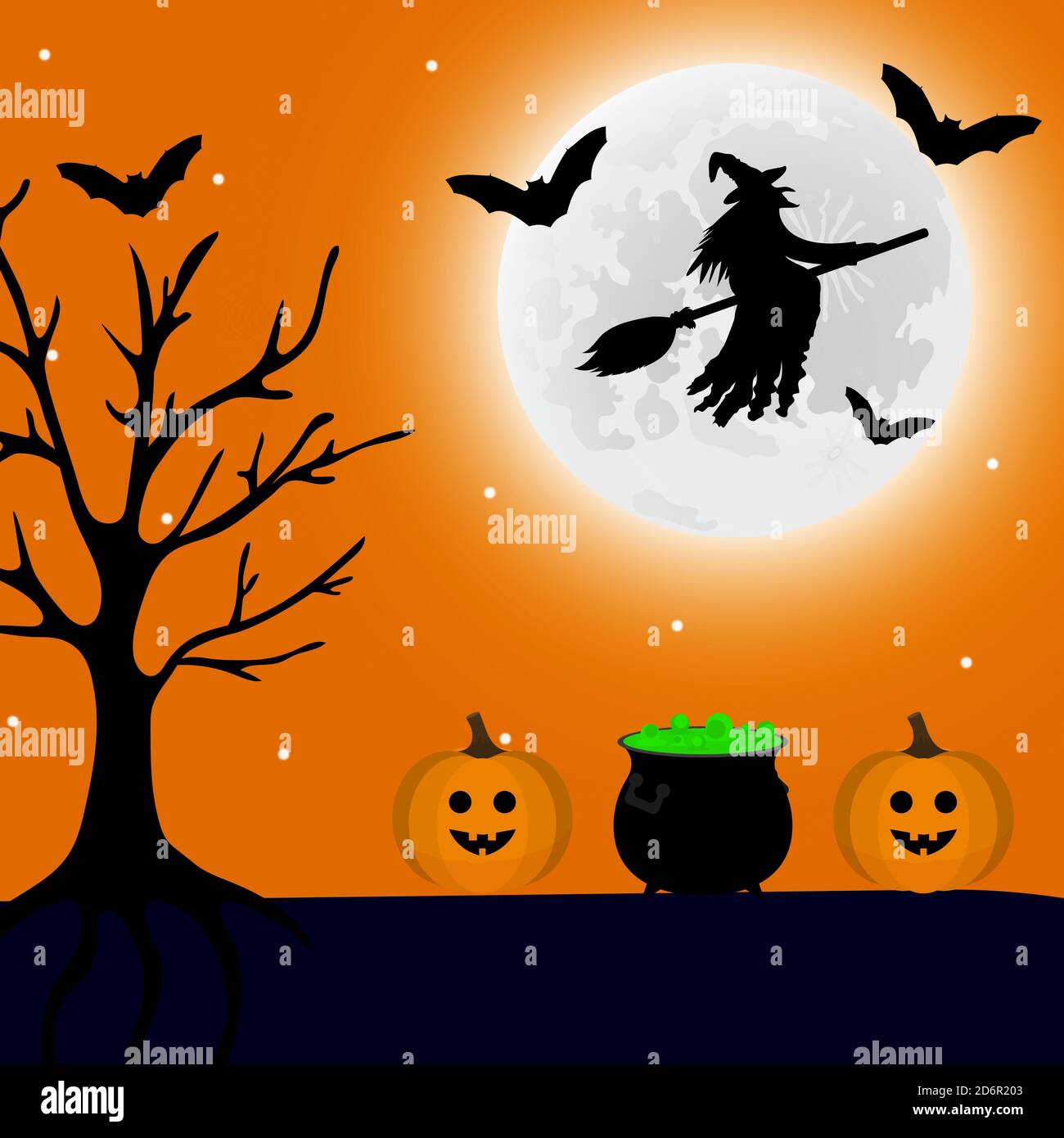 La strega vola di notte su Halloween, e una pozione e una lanterna di zucca sono nelle vicinanze. Illustrazione vettoriale Illustrazione Vettoriale