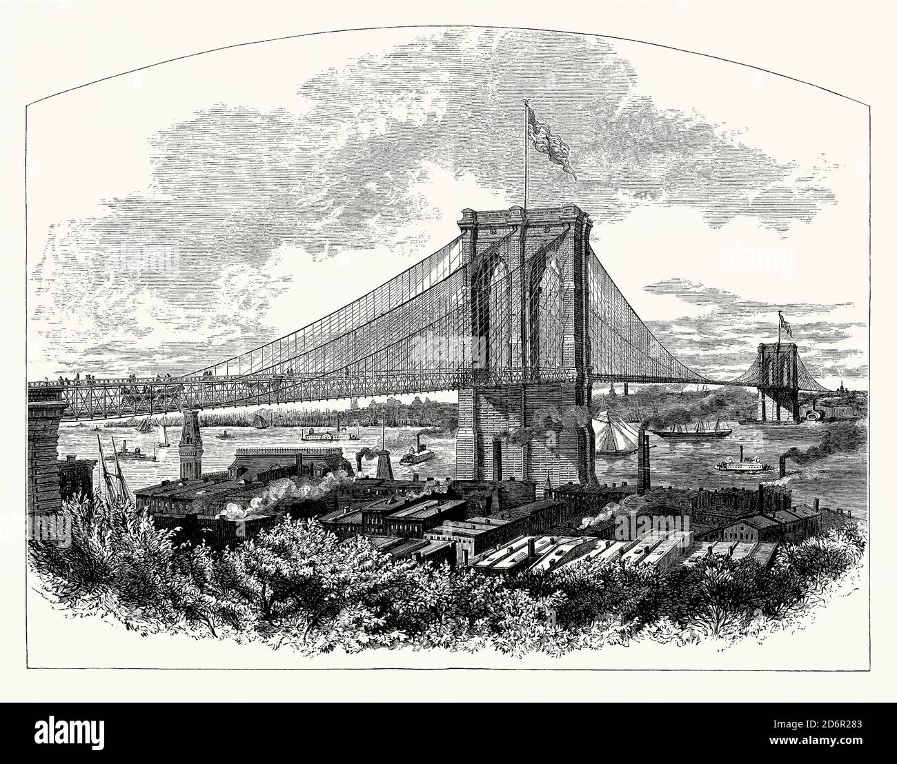 Una vecchia incisione del Ponte di Brooklyn, un ponte ibrido sospeso/sospeso a cavo a New York City, USA. E 'da un libro di ingegneria meccanica vittoriana del 1880. Inaugurato nel 1883, il ponte di Brooklyn è stato il primo incrocio fisso attraverso l'East River tra Manhattan e Brooklyn. Era anche il ponte sospeso più lungo del mondo al momento della sua apertura. È stato progettato da John A. Roebling. Ha trasportato veicoli trainati da cavalli e linee ferroviarie sopraelevate fino al 1950. Ora sono consentiti solo i veicoli passeggeri e il traffico pedonale e ciclistico. Foto Stock