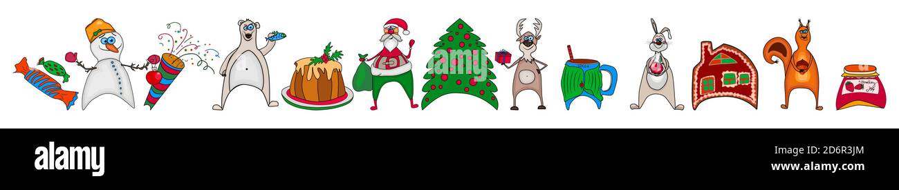 I personaggi natalizi sono isolati su sfondo bianco. Collezione di animali, pupazzo di neve, Santa. Carino orso, cervo, coniglietto e scoiattolo. Illustrazione vettoriale Illustrazione Vettoriale