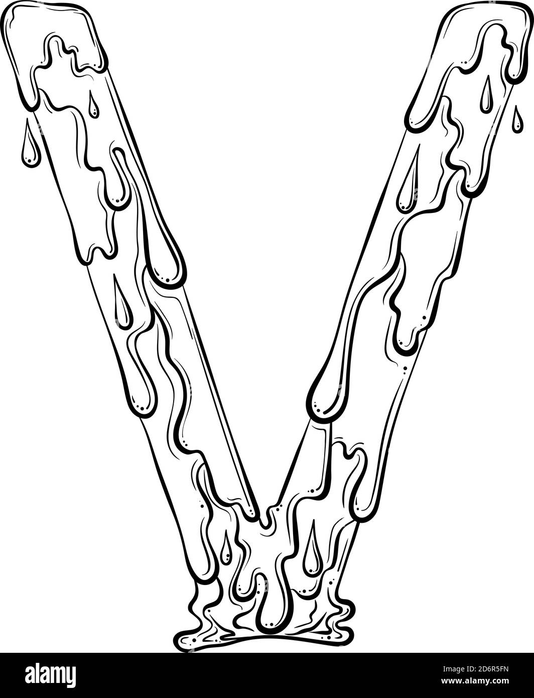 Lettera V con gocce di flusso e schizzi di goo. Simbolo di gocciolamento del liquido. Font vettoriale trendy realizzato in stile grafico a linee disegnate a mano isolato su sfondo bianco. Logo Slime o lettera iniziale. Illustrazione Vettoriale