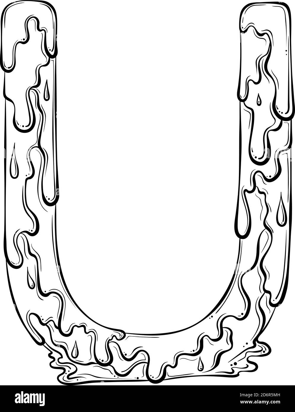 Lettera U con gocce di flusso e schizzi di goo. Simbolo di gocciolamento del liquido. Font vettoriale trendy realizzato in stile grafico a linee disegnate a mano isolato su sfondo bianco. Logo Slime o lettera iniziale. Illustrazione Vettoriale