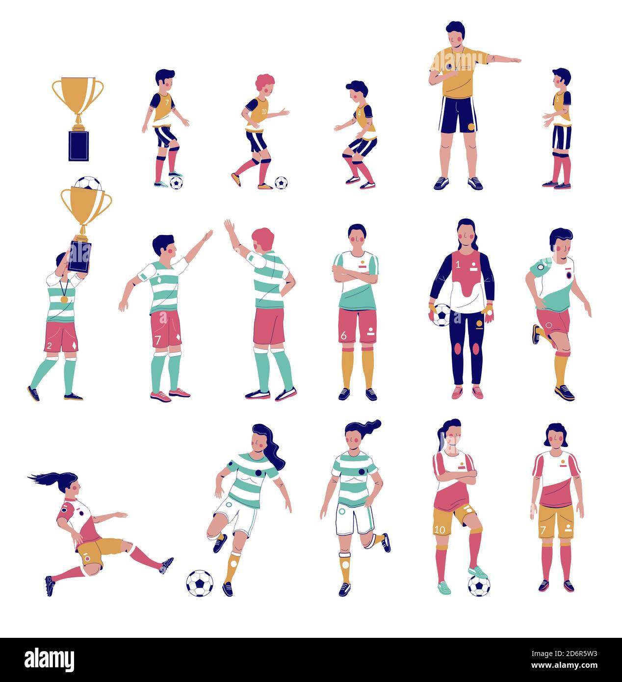 Set di giocatori di calcio, flat vettore isolato illustrazione. Bambini, adulti che giocano a calcio, calciando la palla, tenendo una coppa d'oro. Illustrazione Vettoriale